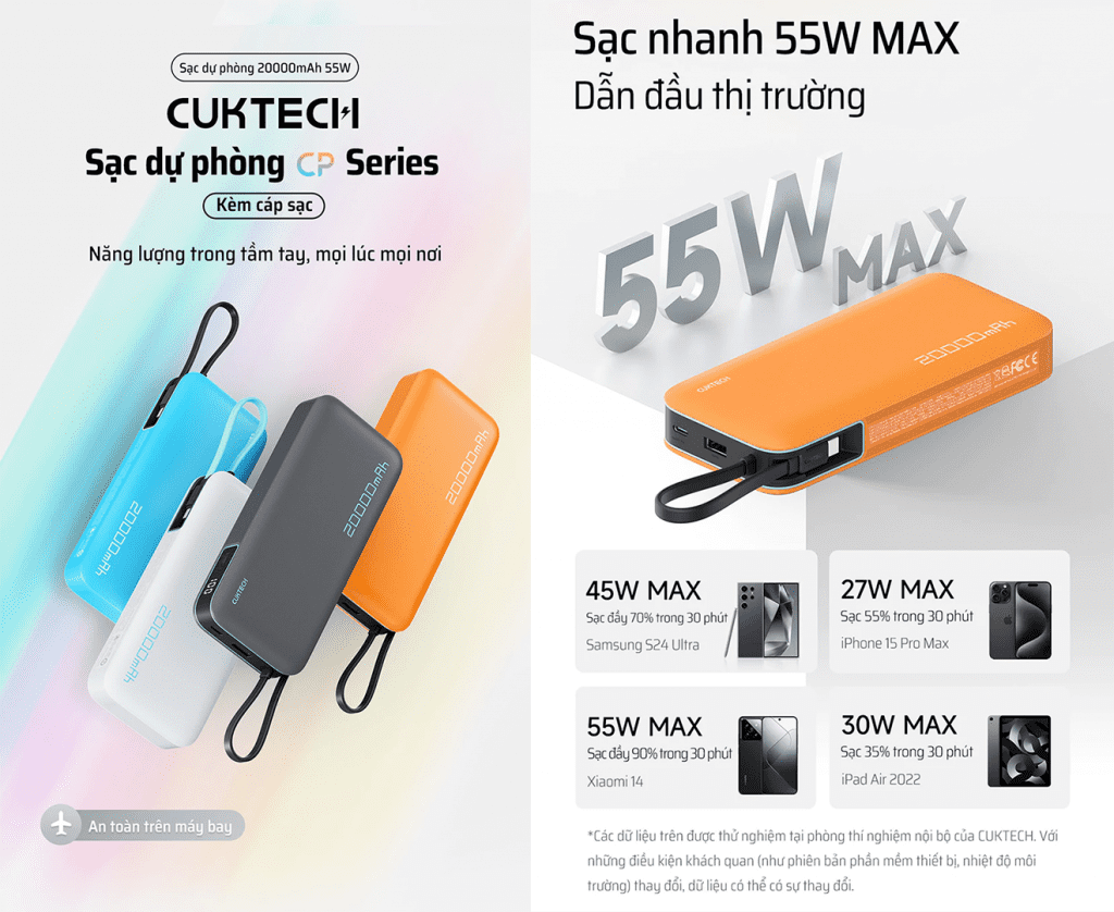 CUKTECH PB200N Pin sạc dự phòng 20000mAh 55W 48 CUKTECH PB200N Pin sạc dự phòng 20000mAh 55W 2 cổng type C, 1 cổng USB-A