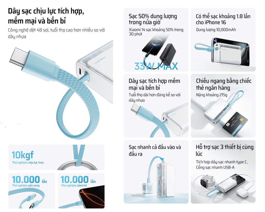 Pin sạc dự phòng 10000mAh Cuktech LPB100 2 Pin sạc dự phòng 10000mAh Cuktech LPB100 Sạc Nhanh 33W PD, Tích Hợp Cáp Type-C, Hỗ Trợ Mi Turbo Charge